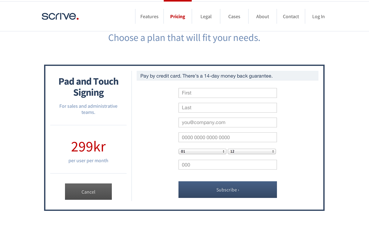 Scrive's pricing page